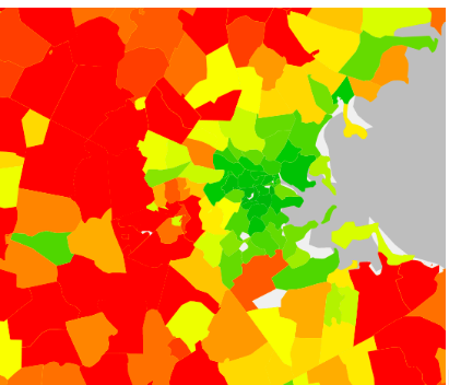 A zoomed in view of emissions by zip code. Greater Boston is much lower than its suburban counterparts.